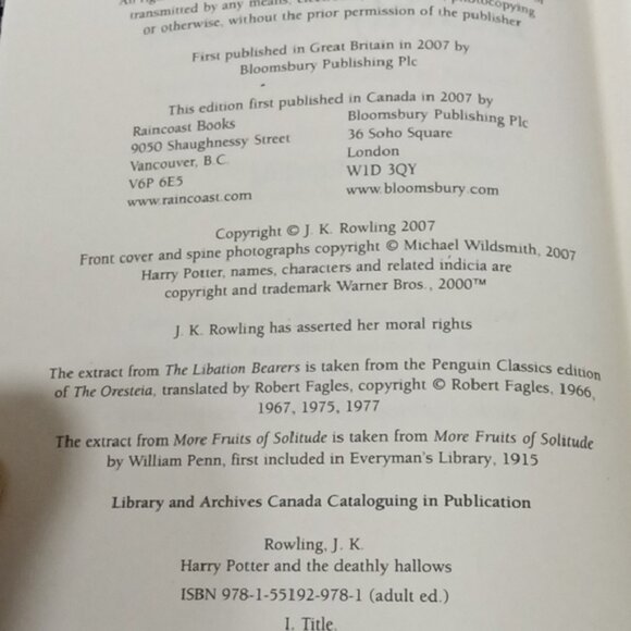 Hardcover Book Harry Potter and the Deathly Hallows J K Rowling Raincoast Books - Picture 4 of 5